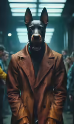 a man in a trench coat and dog mask standing in a hallway