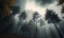 a forest filled with trees surrounded by clouds