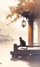 cat sitting on the park bench on a rainy day