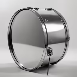 a silver drum case sits on a grey surface