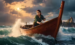 a woman rowing a boat in the middle of the ocean,a girl paddles a boat in an ocean near an island