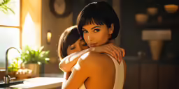 two beautiful women sitting near each other in front of a window