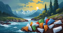 colorful umbrellas laying on the rocks in a stream of water