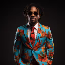 a man is wearing a flowery suit and red tie,a man is wearing a red floral suit