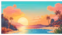 the painting shows a beach with palm trees, rocks, and the sun rising,a beach with mountains, palm trees and a river at sunset