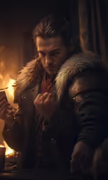 a man holding something near his face while he looks at it