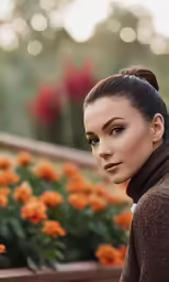 a woman with a bun with flowers in the background