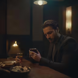a man in a restaurant, is using his cell phone