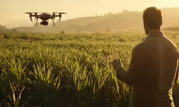 the man is looking at a remote controlled aircraft flying over his crop