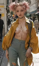 a woman standing outside with her shirt half closed wearing ripped jeans and no shirt