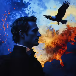 there is a painting of a man and bird