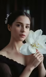 a woman holds a flower behind her back