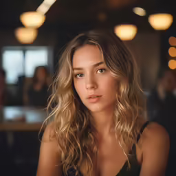 a woman with long, wavy blonde hair sitting at a table