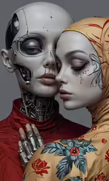 two human heads one with a robot head on it