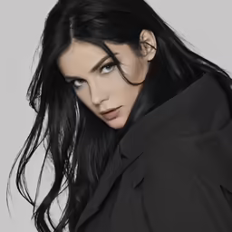 a woman with long black hair, wearing a shirt and silver ring