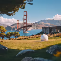 a huge ball is in the grass on the shore by the bay bridge