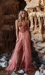 a woman is wearing an off - the - shoulder dress and standing next to rock formations