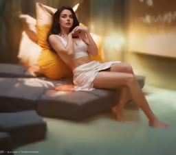 an attractive young woman laying down on a bed