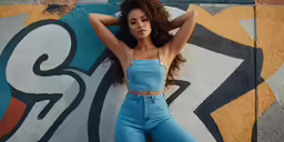 a woman posing in front of a wall with graffiti