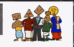 a drawing of cartoon characters looking at each other,the three men are standing together and one man is wearing a suit