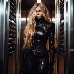 a blonde female in a leather outfit standing up,a beautiful woman in a black leather outfit standing