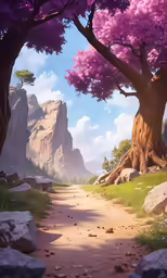 an open area with trees, mountains and a path leading to two smaller rocks