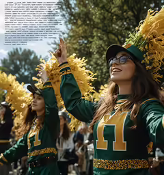 a group of girls in green and yellow outfits at a baseball game