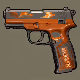 a toy gun with an orange flame on the barrel,an orange and black gun with orange paint on it