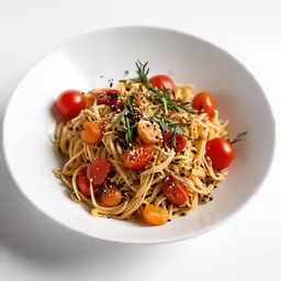 a plate full of food with tomatoes, tomatoes and herbs