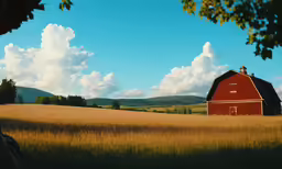 a red barn in a grassy field under a blue sky