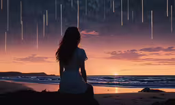 a woman standing on the edge of a beach watching the stars,a woman standing under the stars looking out at the ocean