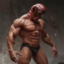 a male bodyburst and his red boxing helmet