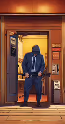 a man dressed in business attire standing at the door to an atm,there is a man in a suit and hat, wearing a helmet, and standing outside of the doors
