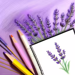 the purple flowers are on the paper near some colored pencils,a drawing of flowers on a white paper,the image shows several items and some colored pencils,a picture of flowers next to some pencils,some colored pencils are sitting near a notebook with lavender flowers