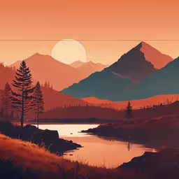 a painting of mountains and the lake,a scenic sunset over a mountain lake and mountains