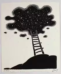 the drawing shows a ladder that is in front of stars,a drawing of a ladder leading to the stars in the sky