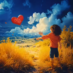 a young girl wearing a red heart shaped kite in a grassy field