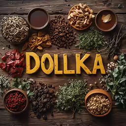 various spices surrounding the word dolkka