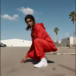a woman kneeling down in the street with palm trees