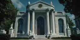a statue sits on the lawn with an ornate building in the background