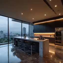 a kitchen filled with counter top next to a large window