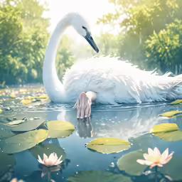 a white swan with its head down swimming in some water