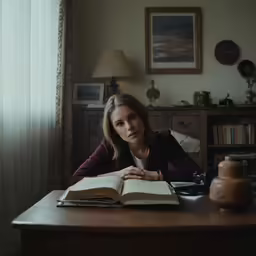 an image of a woman sitting at a table reading
