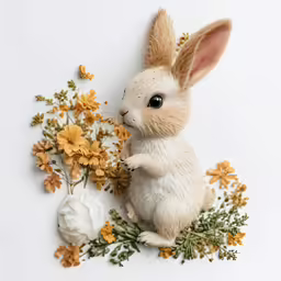the small stuffed animal rabbit has flowers around it
