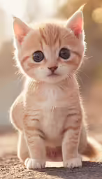 a baby kitten sitting down and looking into the camera