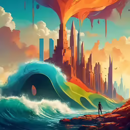 a person standing next to an ocean in front of a city with many tall buildings