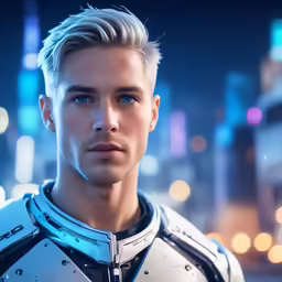 a man with blonde hair in a futuristic setting