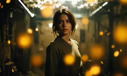 a girl looks to her left as the light is turned on