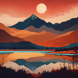 the sun is setting on a mountain lake,a painting shows mountains and water against an orange, blue, yellow and pink sunset