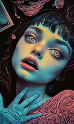an illustration of a woman with glowing eyes and piercings